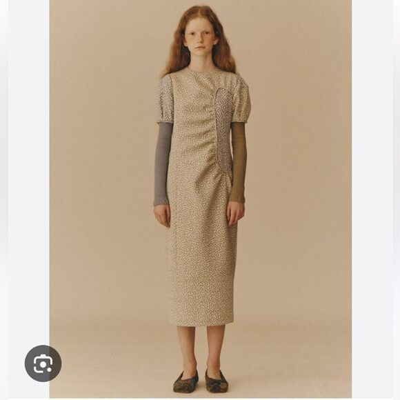 Wnderkammer Floral Jacquard Dress Light Khaki Long Sleeves Size Large NWT - Picture 1 of 15